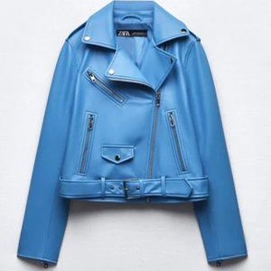 Zara Blue Faux Leather Motorcycle Jacket Size XS